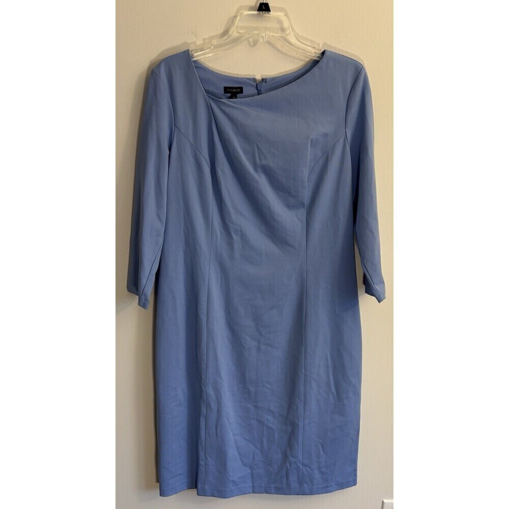 TALBOTS Ponte Sheath Dress 14 Baby Blue 3/4 Sleeve Knee Length Stretch Career
